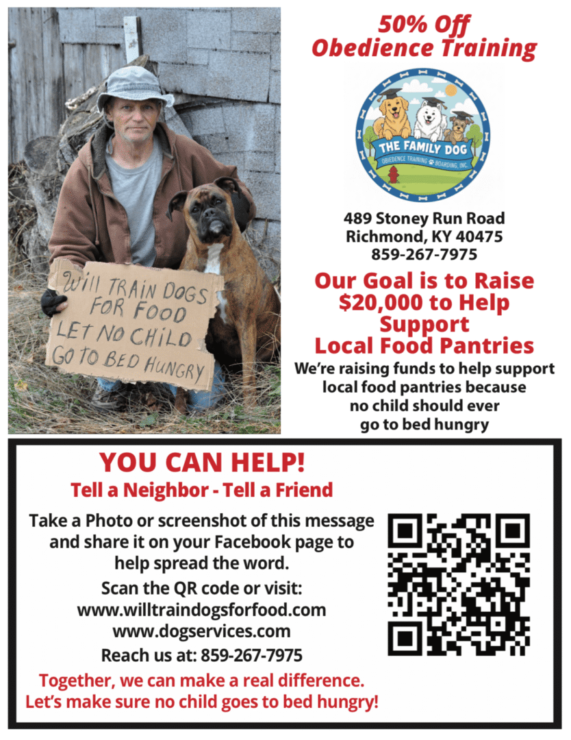 Fundraiser flyer featuring man, dog and QR code